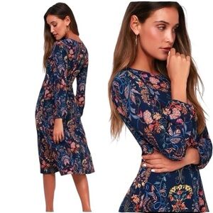 I. Madeline Garden Splendor Navy and Pink Floral Long Sleeve Dress